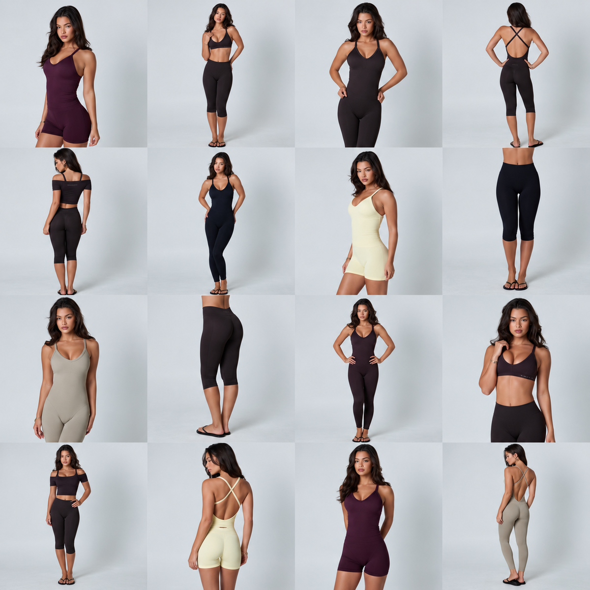 Pre-launch editorial reference grid showing activewear silhouettes and styling proportions