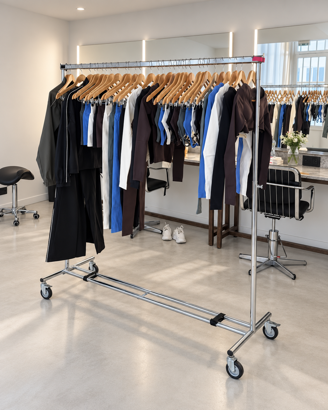 Editorial brand-world reference placeholder for VELOUSTI — minimal clothing showroom, not product photography