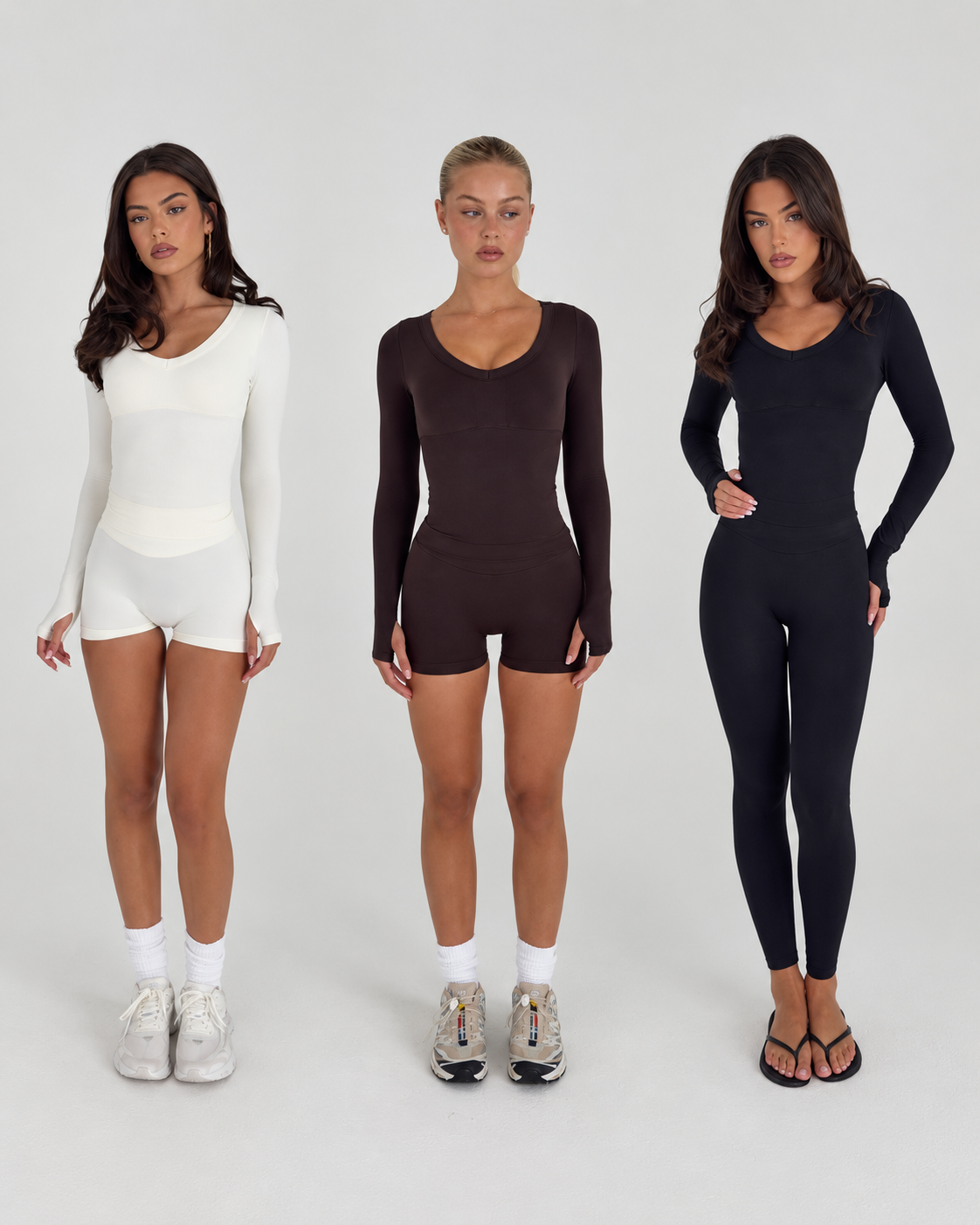 Pre-launch editorial reference showing three activewear silhouettes in neutral studio styling
